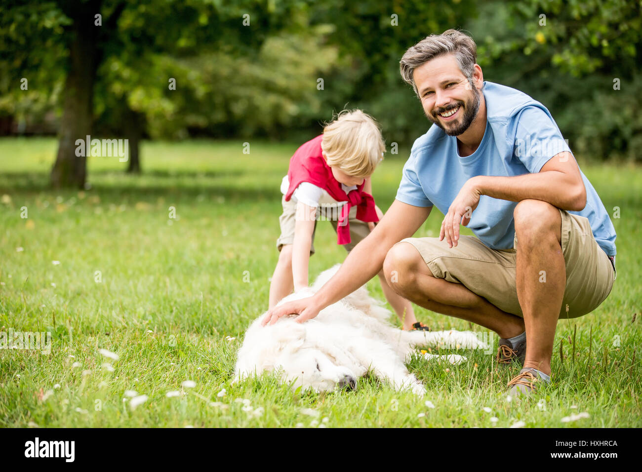 Happy man and son petting dog in summer Stock Photo