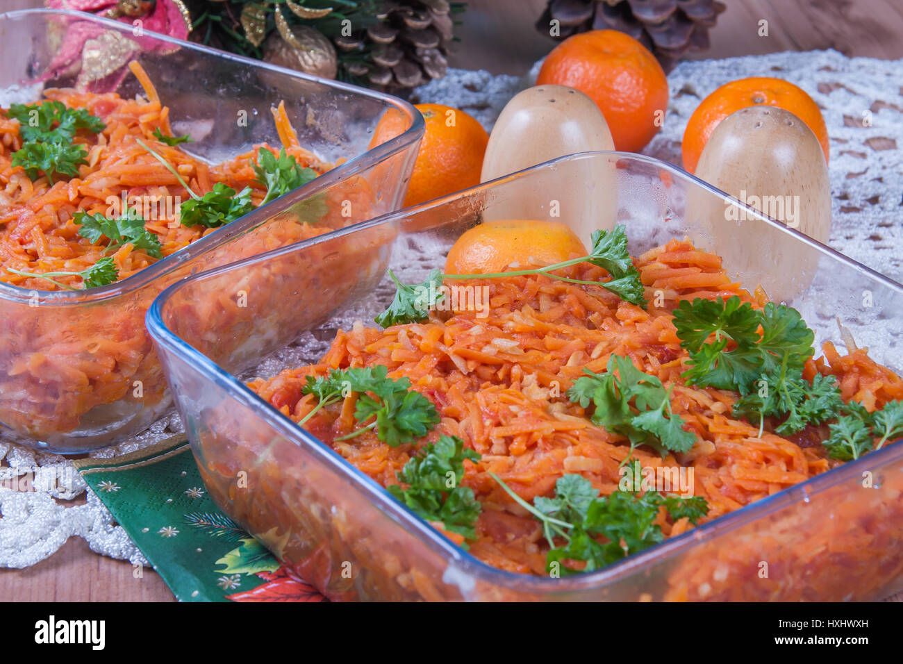 Fish, the Greek style.  A traditional Polish Christmas dish on a table. Stock Photo