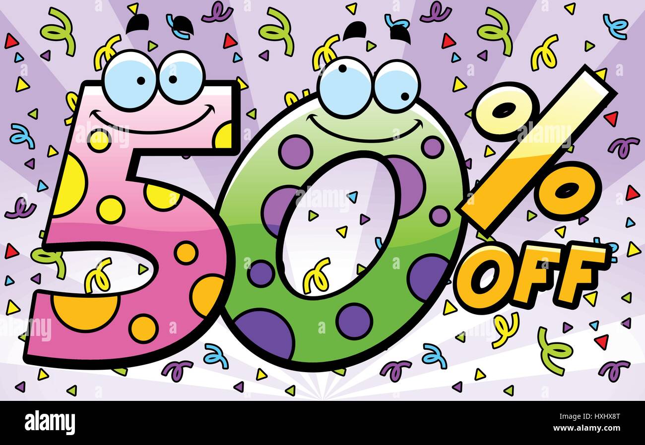 A cartoon illustration of a 50 percent off celebration Stock Vector ...