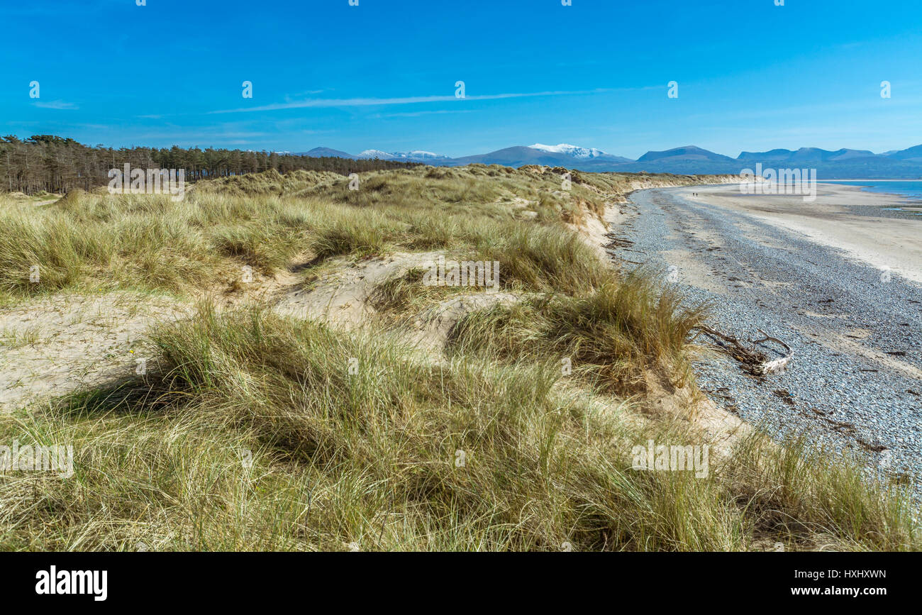 A view of Llanddwyn beach, Anglesey and the snow capped mountains of