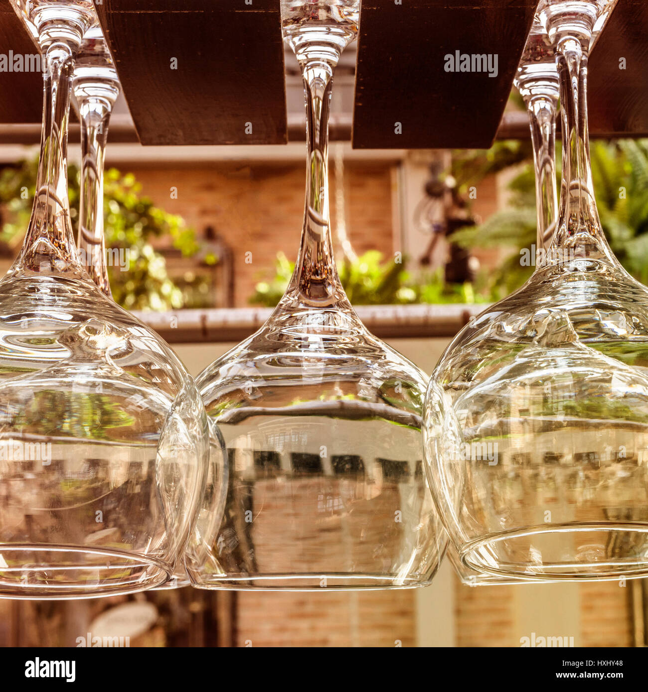 Wineglasses hanging on glass drying rack Stock Photo by seventyfourimages