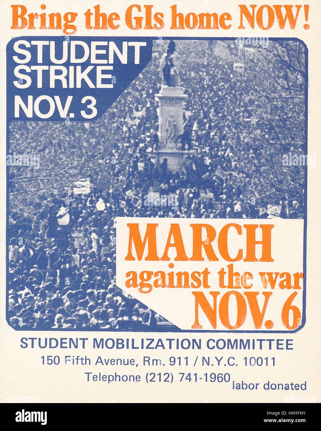 A Vietnam War era leaflet from the Student Mobilization Committee titled 'Bring the GIs home NOW!' advocating a student strike and a march, 1969. Stock Photo