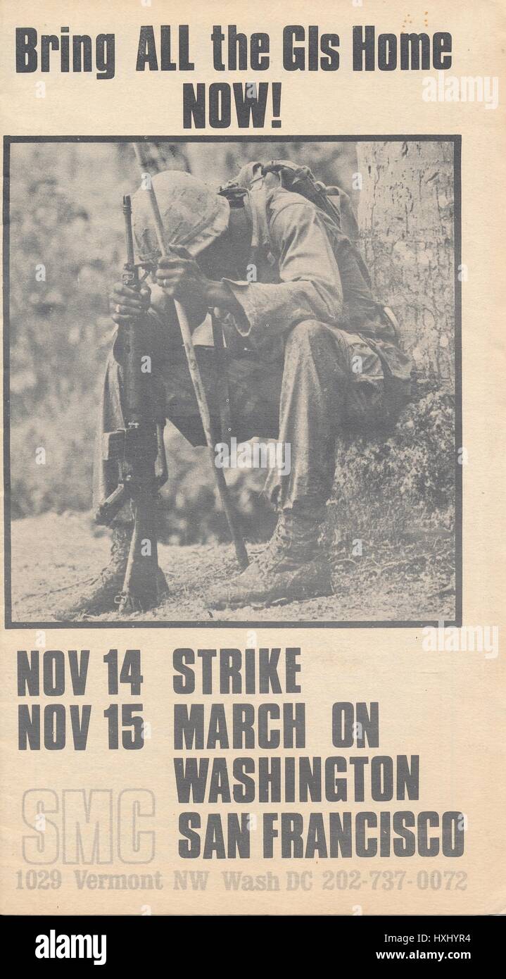 A Vietnam War era leaflet from the Student Mobilization Committee titled 'Bring ALL the GIs home NOW!, October, 1969. ' advocating a student strike and marches on San Francisco and Washington D.C. Stock Photo