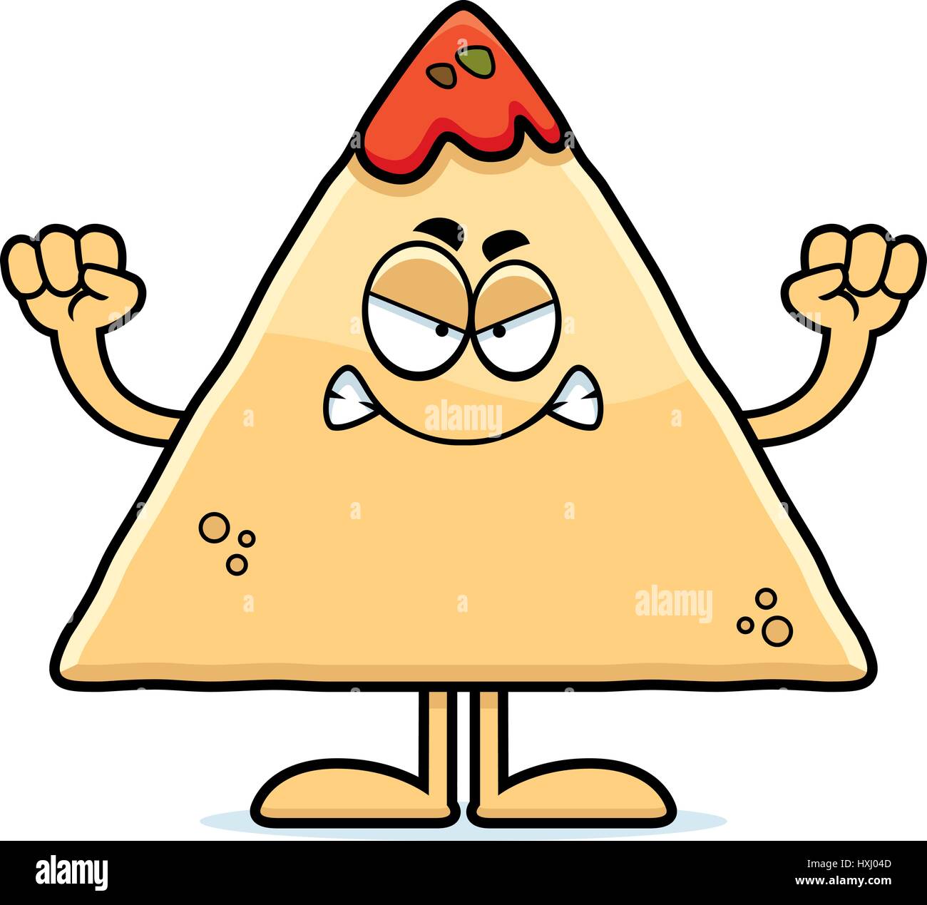 A cartoon illustration of a tortilla chip with salsa looking angry