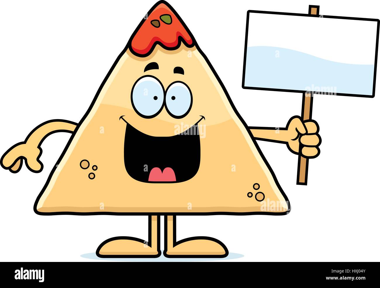 A cartoon illustration of a tortilla chip with salsa holding a sign