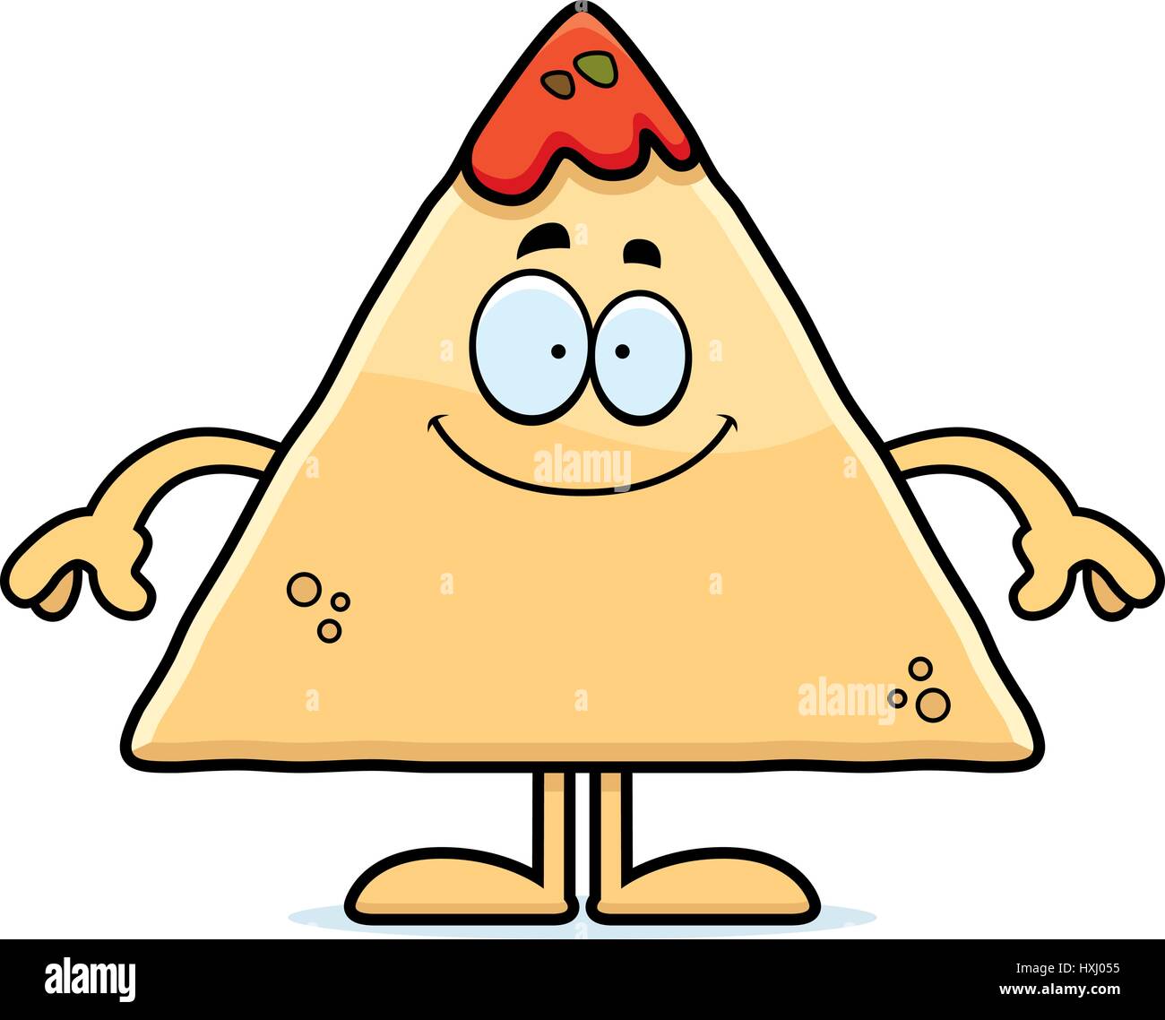A cartoon illustration of a tortilla chip with salsa looking happy. Stock Vector