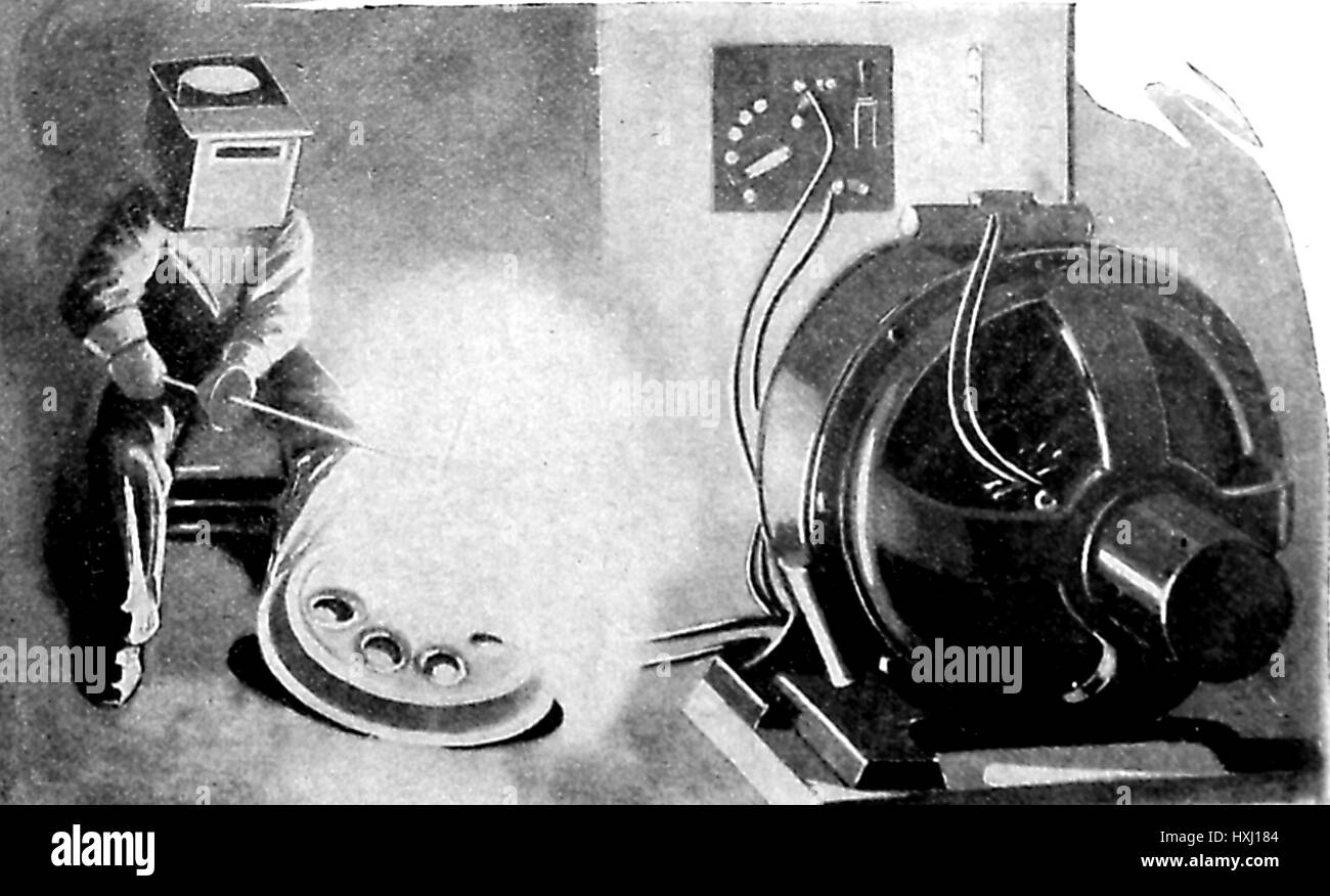 Illustration of a man using an early electric arc welder to make