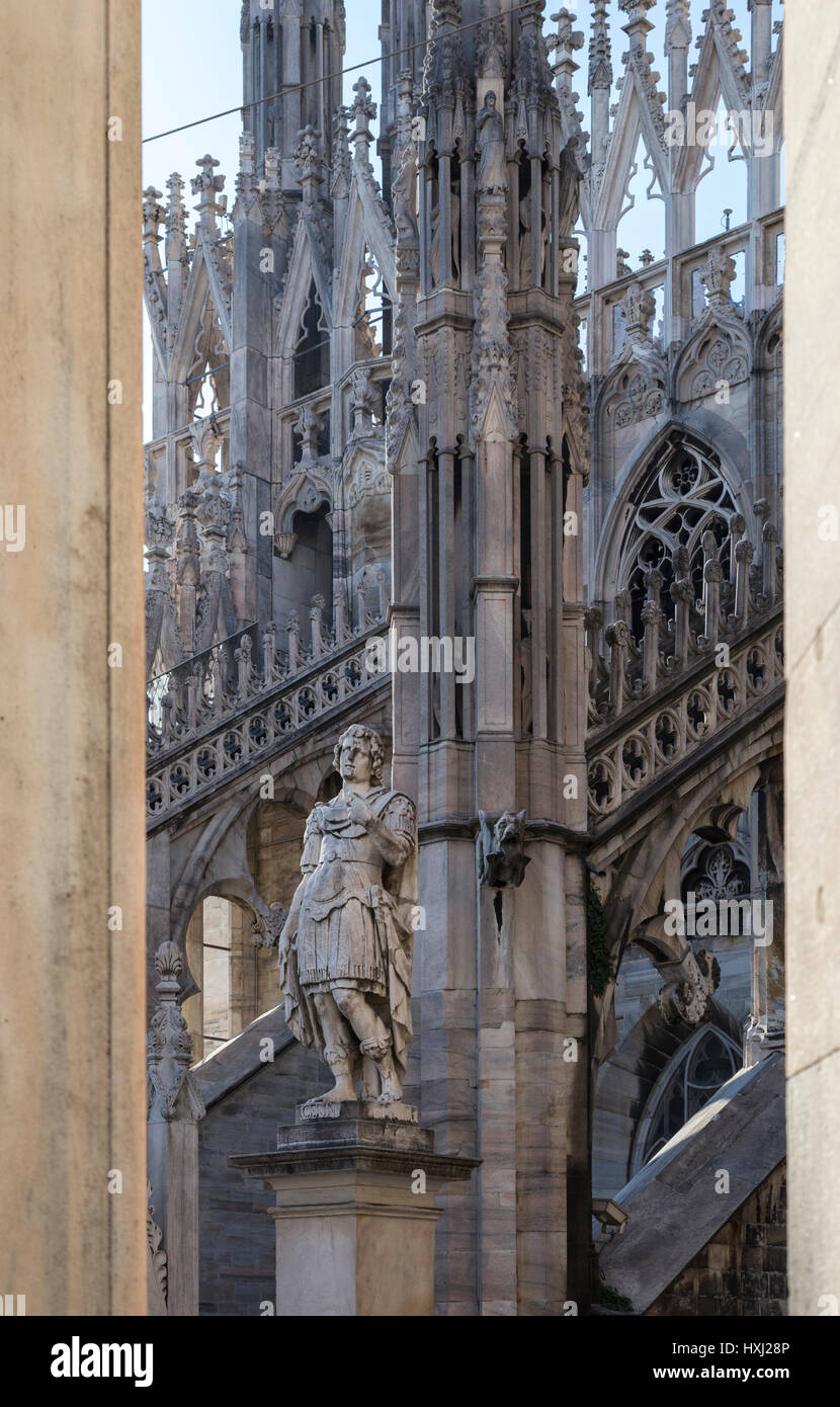 On the rooftop of the Duomo di Milano, among the white marble spiers, Milano, Lombardy, Italy. Stock Photo