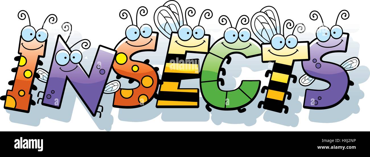 A cartoon illustration of the word insects with an insect theme Stock