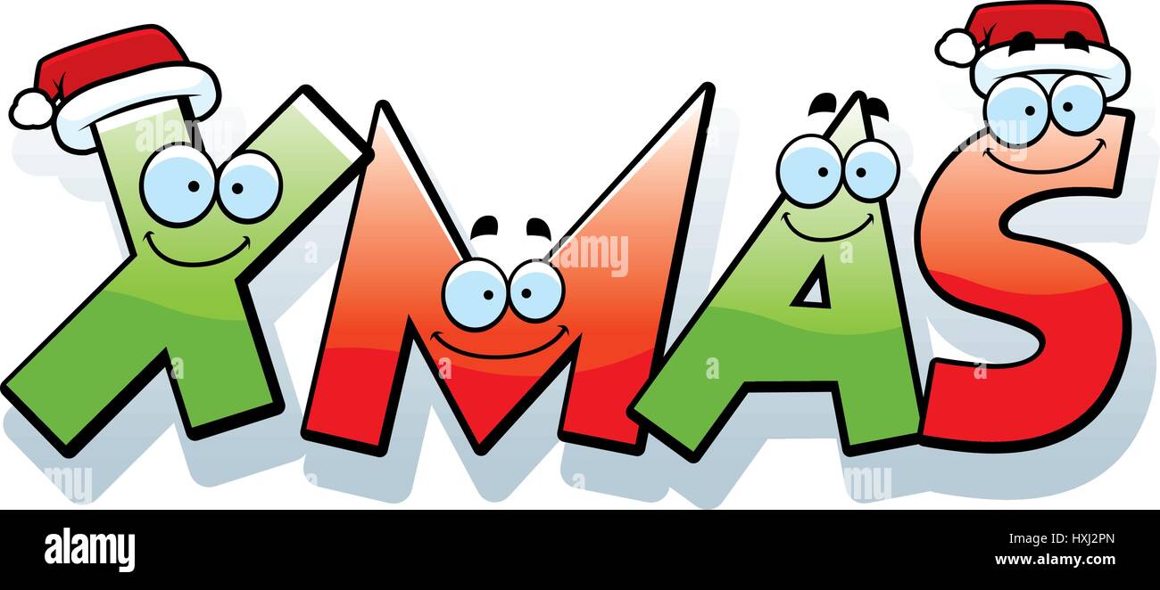 A cartoon illustration of the word Xmas with a Christmas theme Stock