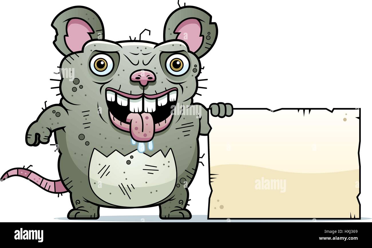 A cartoon illustration of an ugly rat with a sign. Stock Vector