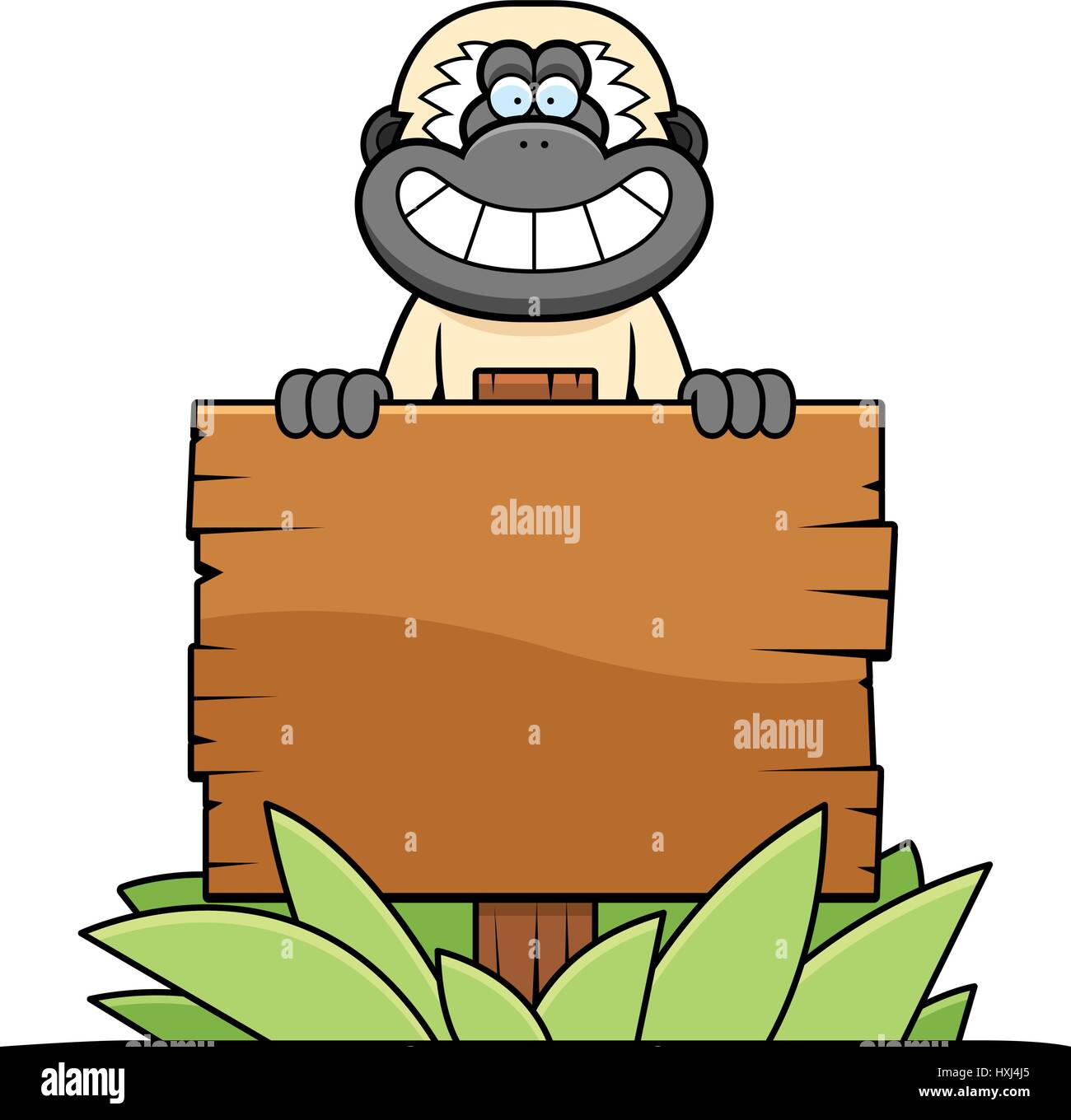 A cartoon illustration of a gibbon with a wooden sign. Stock Vector