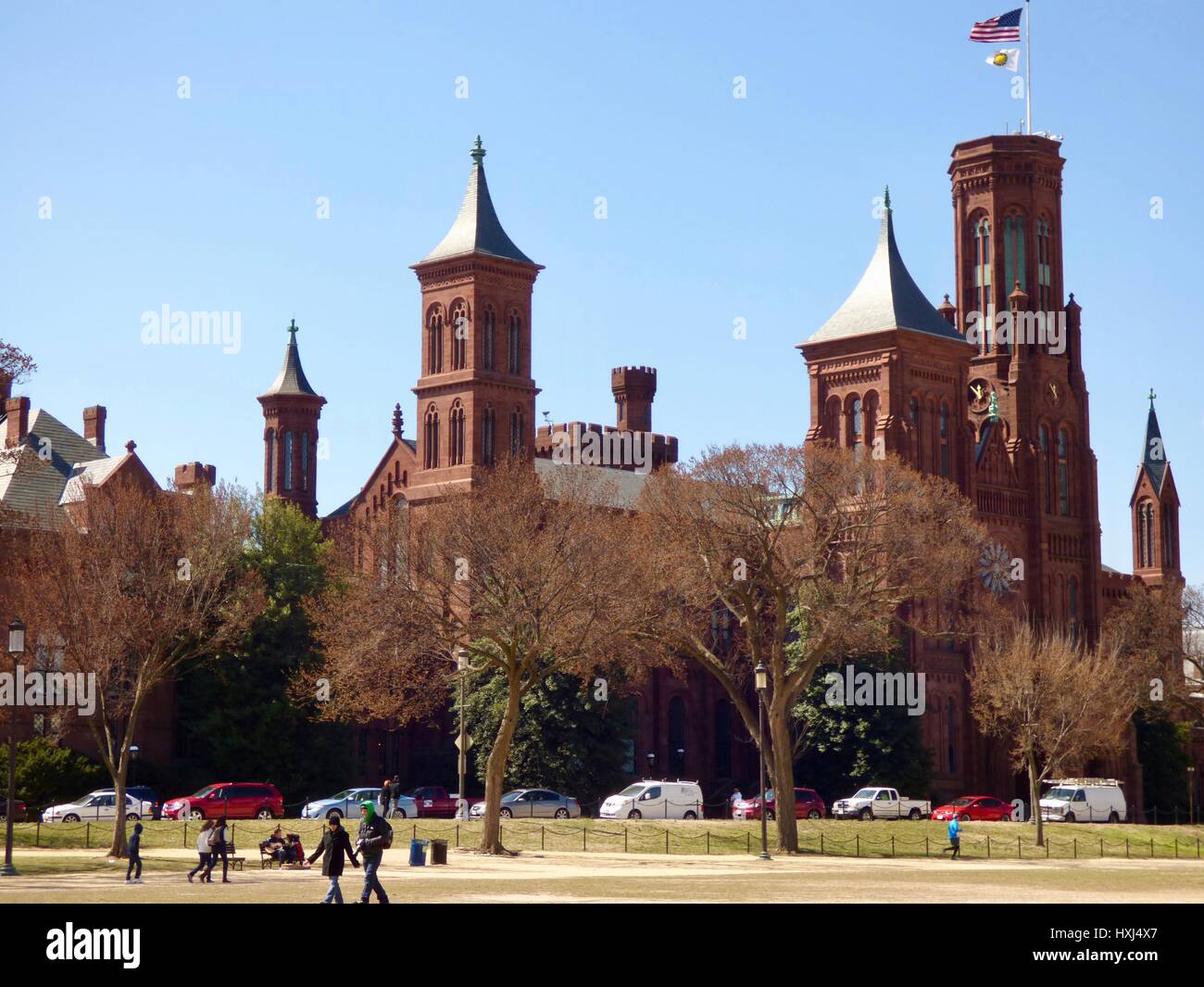 Smithsonian Institution Building under a clear blue sky,  viewed from the National Mall. Washington, DC, USA Stock Photo