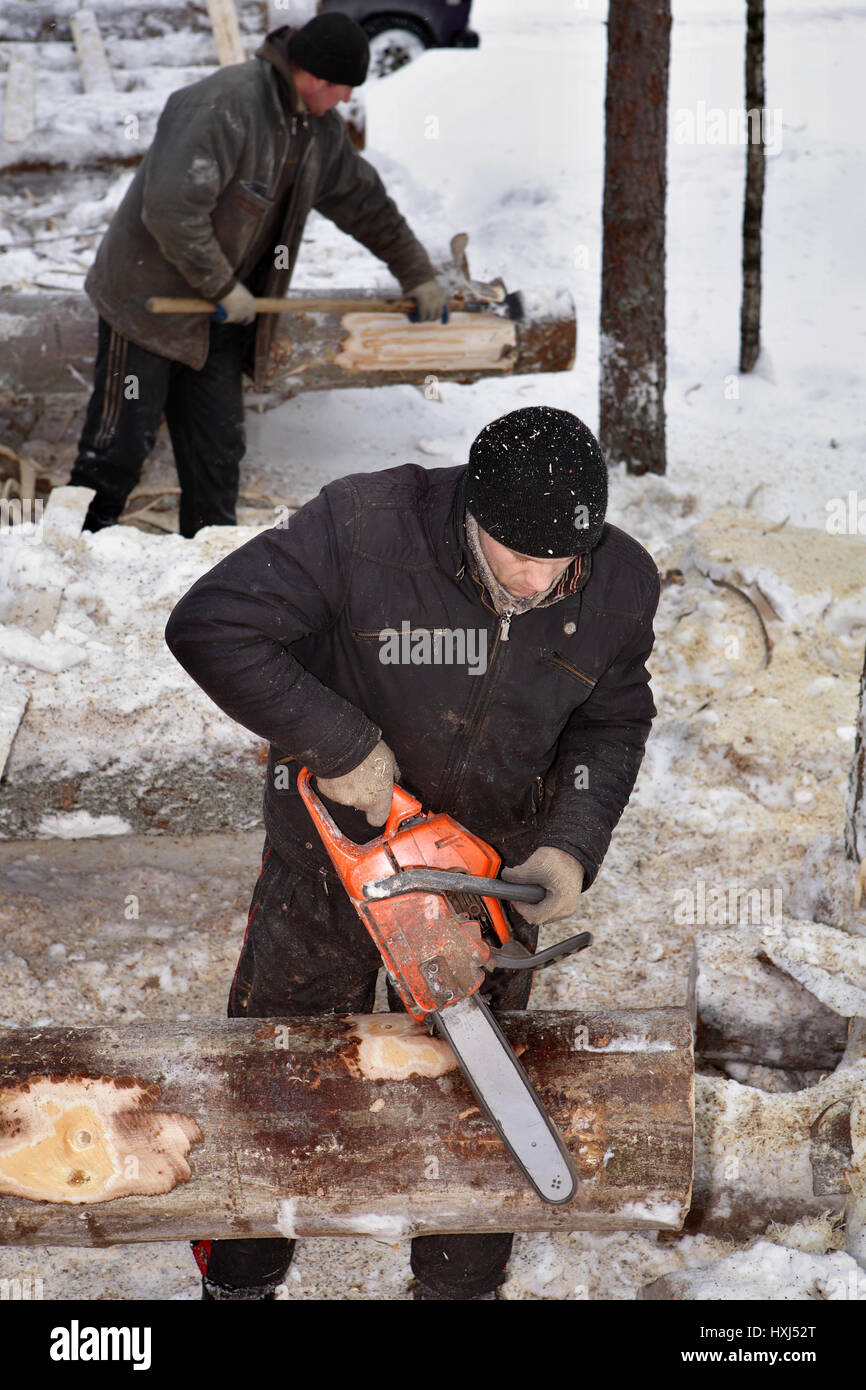 Leningrad Region, Russia - February 2, 2010: Worker trimming branches on a log, using a chainsaw. Stock Photo