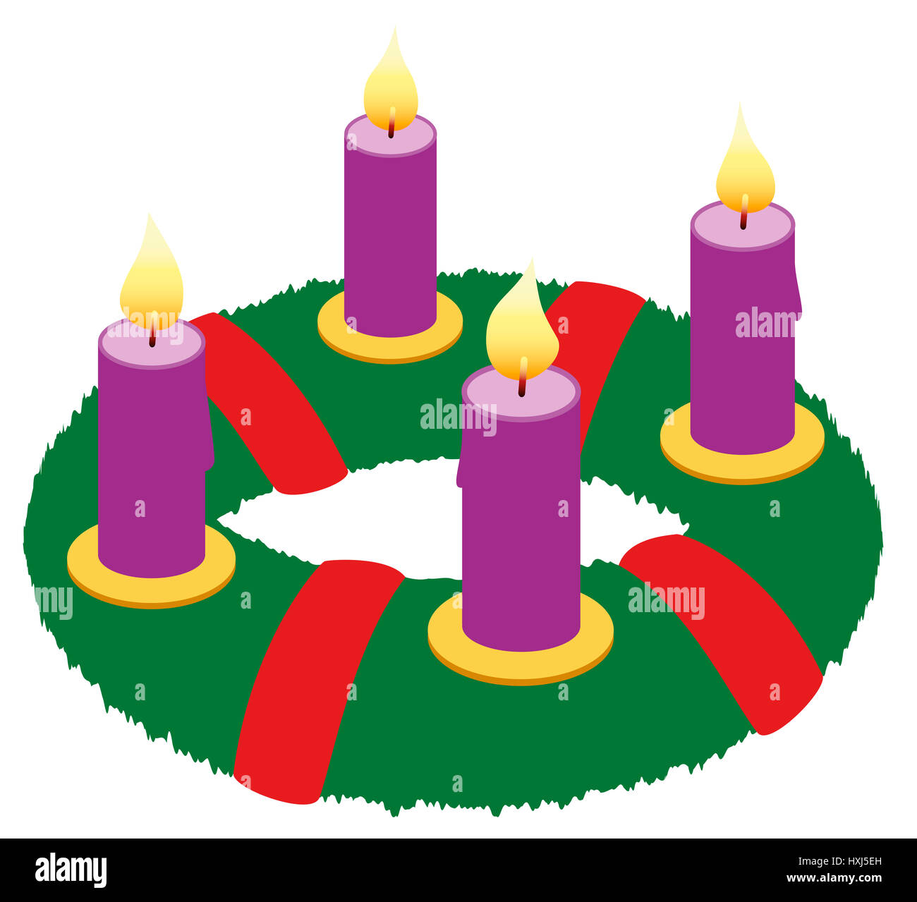 Advent wreath with burning purple candles and red ribbons - isolated icon illustration on white background. Stock Photo