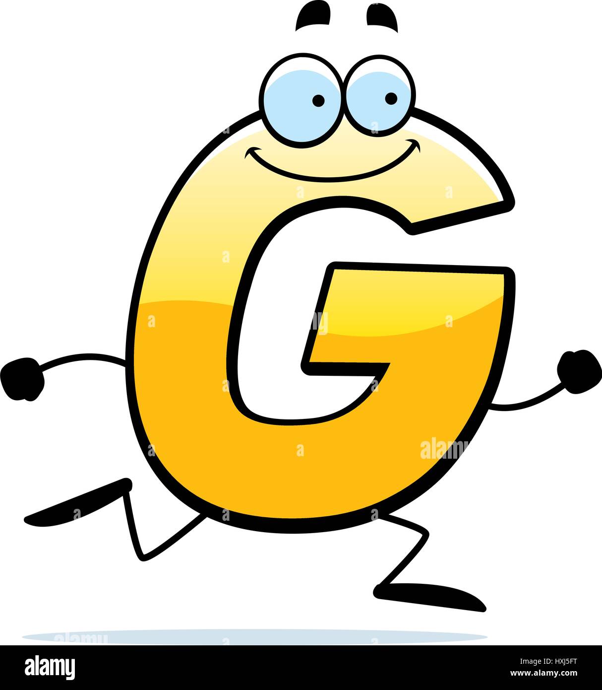 A cartoon illustration of a letter G running and smiling. Stock Vector