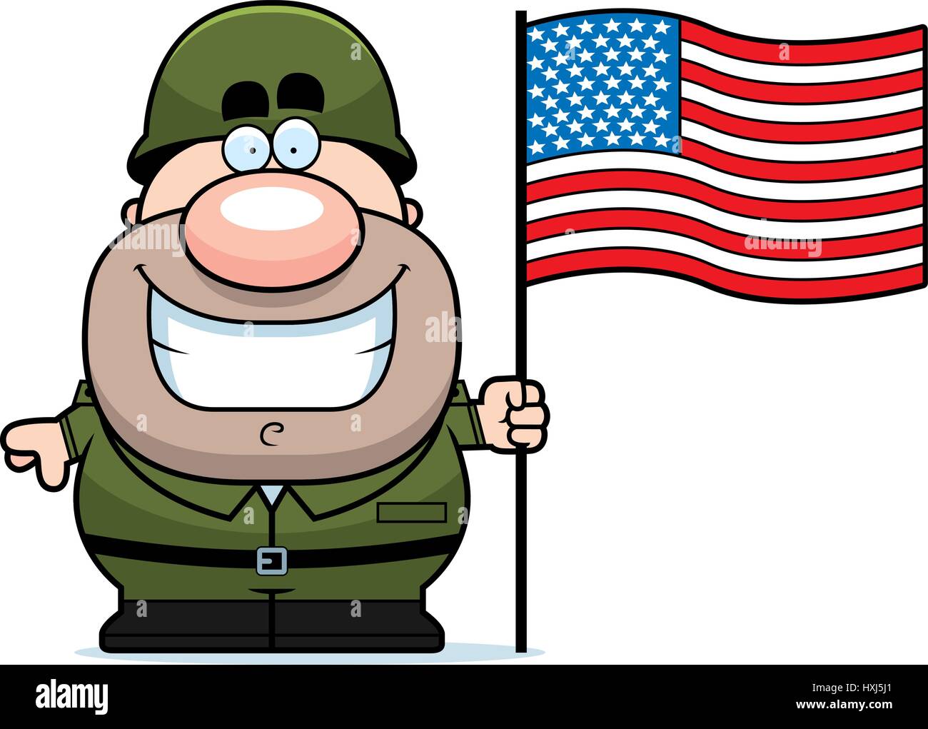A cartoon illustration of an army soldier with an American flag. Stock Vector