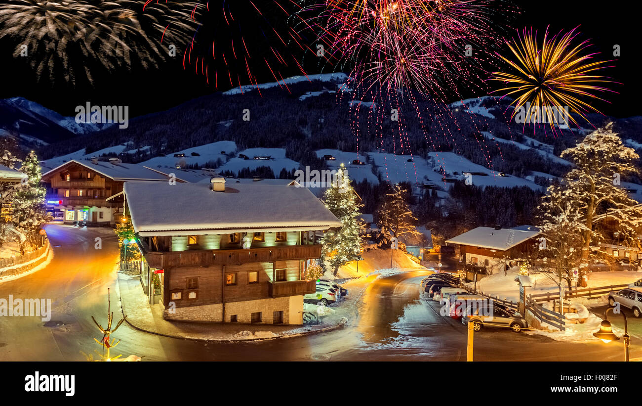 new year fireworks in the alps Stock Photo