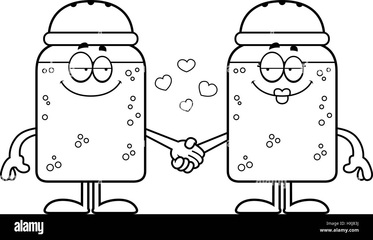 A cartoon illustration of a salt and pepper shaker holding hands Stock