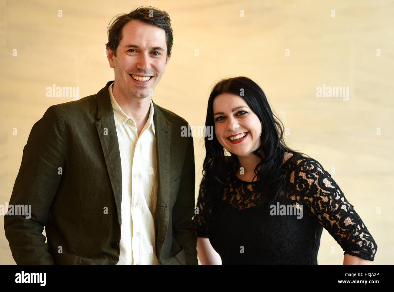 Oxford, UK. 28th Mar, 2017. Alastair Sooke and Janina Ramirez at Worcester College Lecture Theatre for the Oxford Literary Festival. 'An Art Lover's Guide to Barcelona, Amsterdam and St Petersburg' Picture by Richard Cave 28.03. Credit: Richard Cave/Alamy Live News Stock Photo