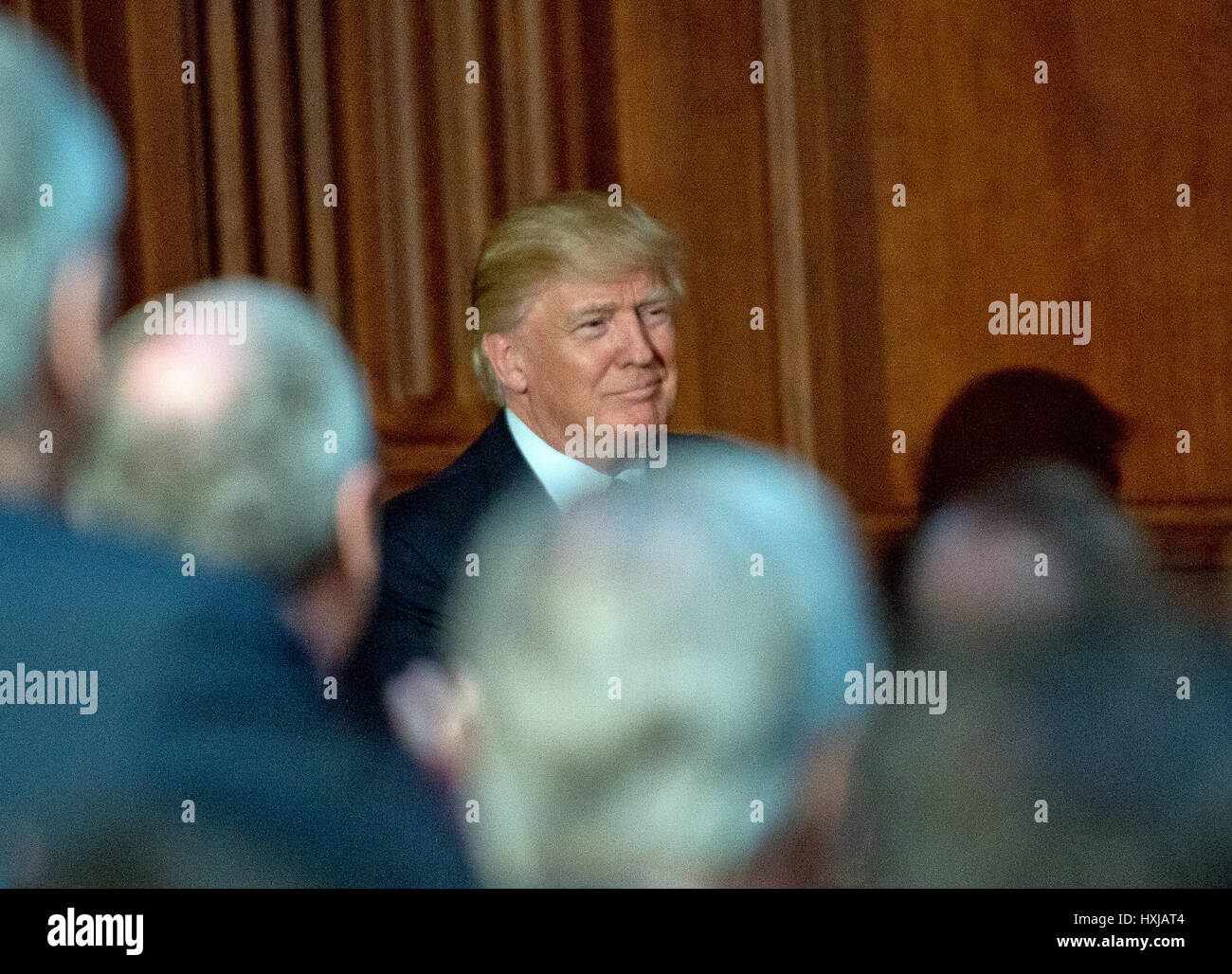 Washington, USA. 28th Mar, 2017. United States President Donald J. Trump arrives to sign an Energy Independence Executive Order at the Environmental Protection Agency (EPA) Headquarters in Washington, DC on Thursday, March 28, 2017. The order reverses the Obama-era climate change policies. Credit: MediaPunch Inc/Alamy Live News Stock Photo