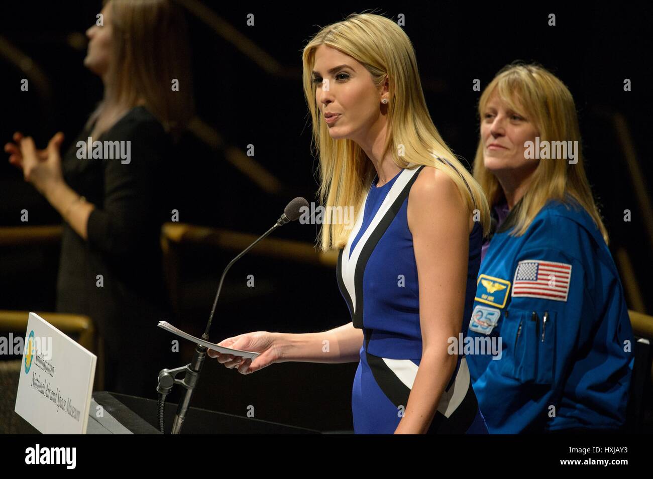 Washington, USA. 28th Mar, 2017. Ivanka Trump, daughter of U.S. President Donald Trump, delivers remarks during the women's history month celebration, getting excited about the STEM event at the Smithsonian National Air and Space Museum March 28, 2017 in Washington, DC. Credit: Planetpix/Alamy Live News Stock Photo