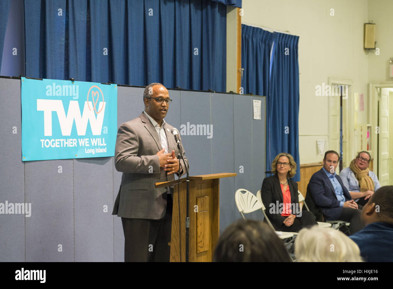 Wyandanch, New York, USA. 26th Mar, 2017. At podium, DuWAYNE GREGORY, Presiding Officer and