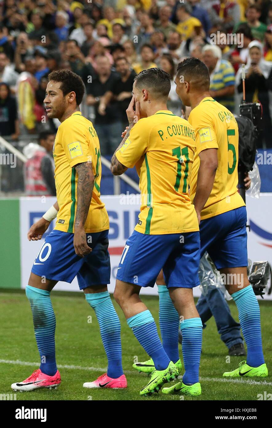 Sao Paulo, Brazil. 28th Mar, 2017. Neymar (L) of Brazil reacts after the referee claimed his second goal invalid during the 2018 FIFA World Cup qualifiers round match against Paraguay at the Arena Corinthians in Sao Paulo, Brazil, on March 28, 2017. Brazil won 3-0. Credit: Li Ming/Xinhua/Alamy Live News Stock Photo