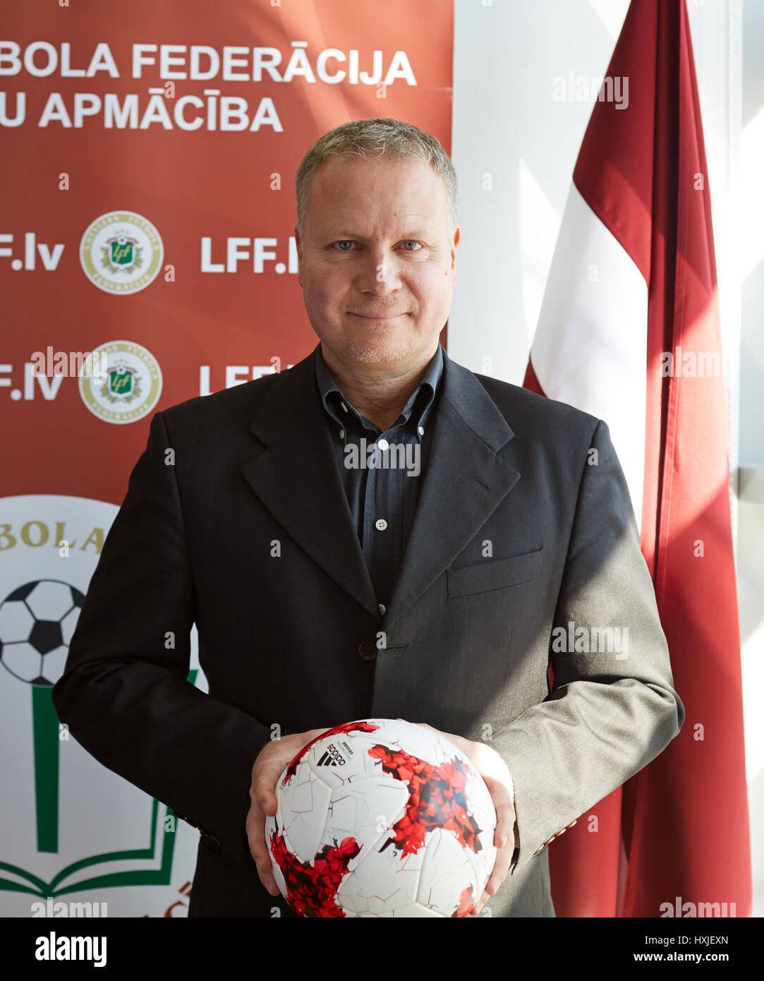 Riga, Latvia. 18th Mar, 2017. Oliver Schlegl, the the CEO of the Latvian soccer premier league (Virsliga), in the headquarters of the Latvian Soccer Association (LFF) in Riga, Latvia, 18 March 2017. Schlegl took up his position at the start of the year. Photo: Alexander Welscher/dpa/Alamy Live News Stock Photo