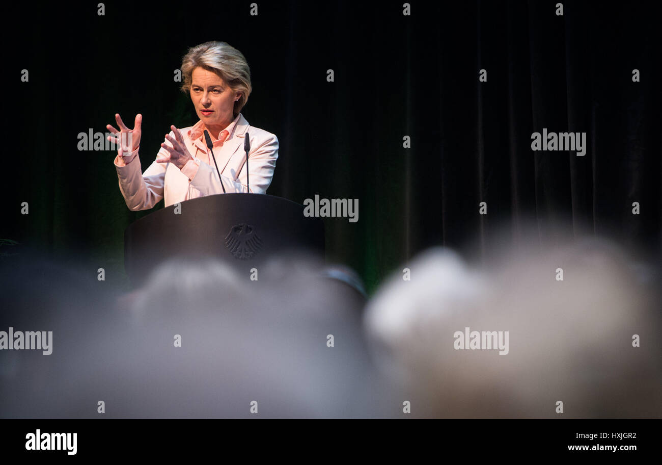 Berlin, Germany. 29th Mar, 2017. German Defence Minister Ursula von der Leyen speaks at the 'Sicherheit, Frieden und Entwicklung in Afrika' (lit. Security, peace and development in Africa) conference in Berlin, Germany, 29 March 2017. Photo: Sophia Kembowski/dpa/Alamy Live News Stock Photo