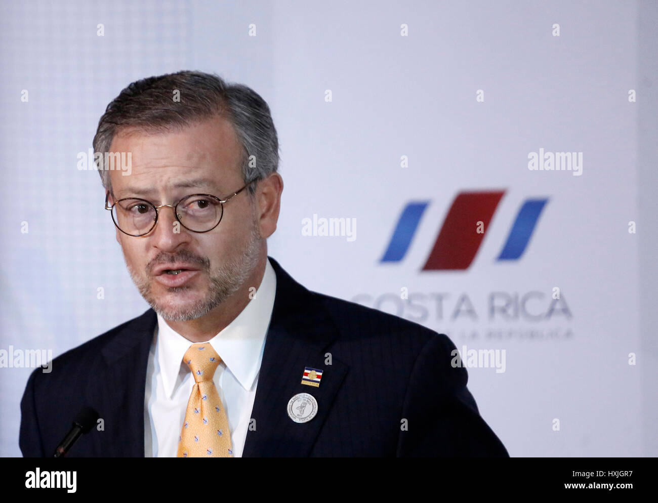 San Jose, Costa Rica. 28th Mar, 2017. Costa Rican Foreign Minister Manuel  Gonzalez speaks during a press conference at the Foreign Affairs Ministers'  meeting, in the framework of the XVI Summit of