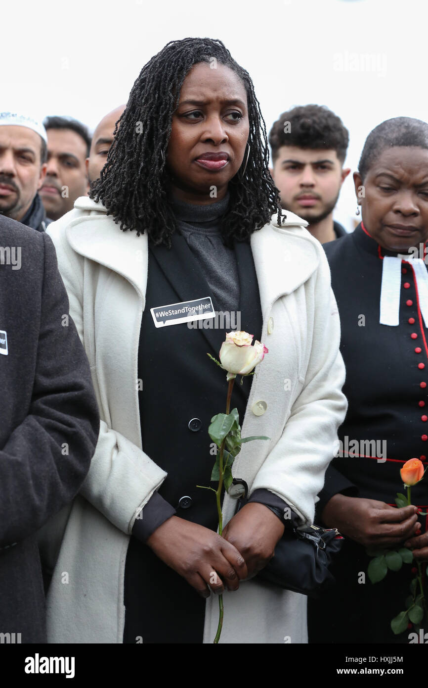 Westminster Bridge. London, UK. 29th Mar, 2017. Labour MP for Brent - Dawn Bultler MP. Colleagues of PC Keith Palmer, who was killed by the terrorist attack on Wednesday 22 March 2017, along with other emergency service personal, victims, witnesses and over 500 faith leaders from across the country link hands across Westminster Bridge from the south to the north at the exact moment the attack began. A minute's silence is held to remember those who lost their lives in the Westminster attack. Credit: Dinendra Haria/Alamy Live News Stock Photo