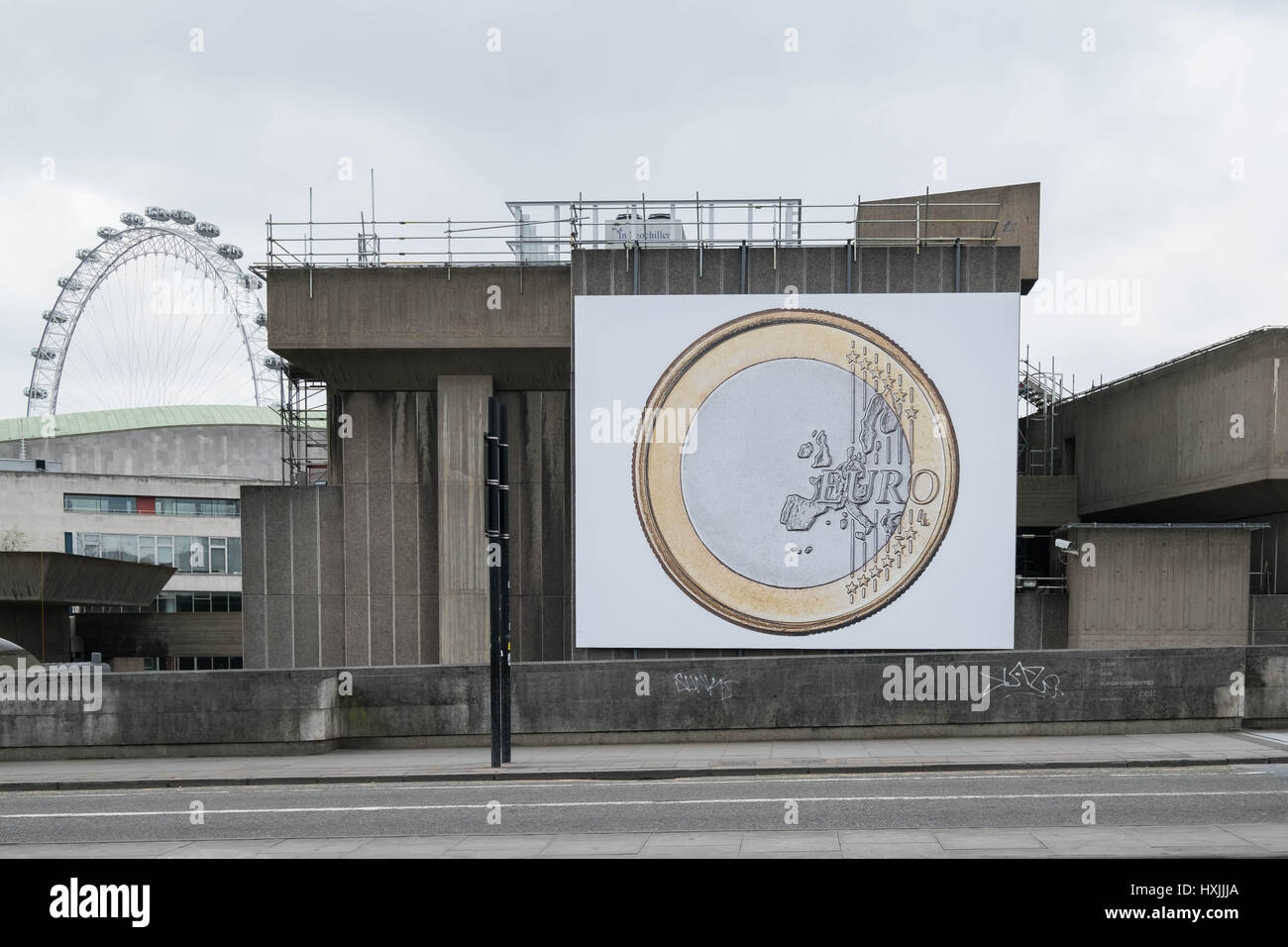 London, UK. 29th March 2017. Colour photograph of anti Brexit poster hung on London's Queen Elizabeth's Hall on the day that Teresa May, PM, delivered Article 50 letter. Credit: Claire Zaffin/Alamy Live News Stock Photo