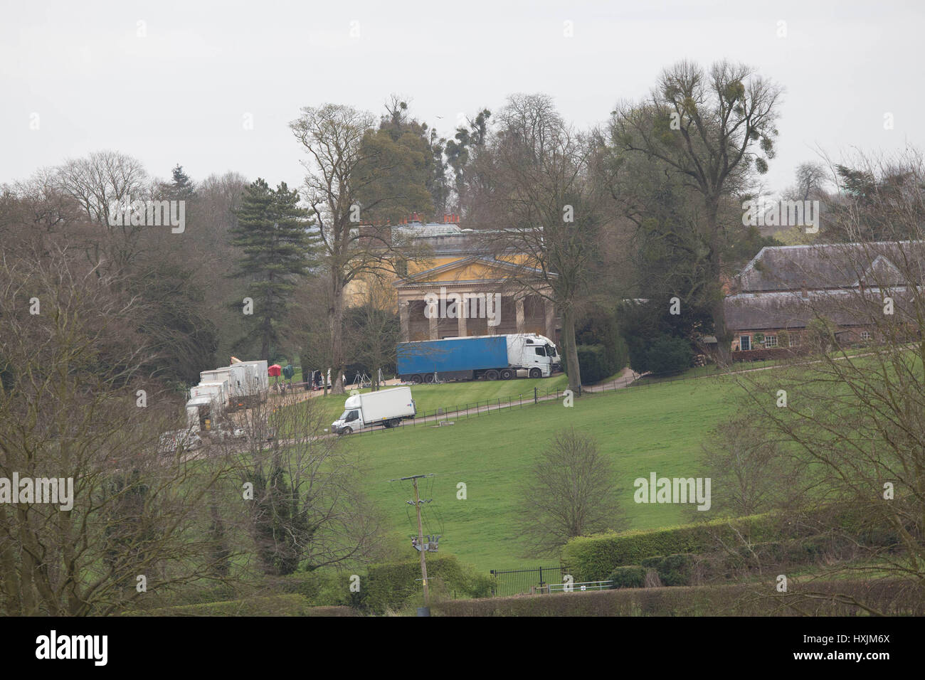 West Wycombe, Bucks, UK. 29th March 2017. Film crew in West Wycombe Park trucks out side the Manor house near High Wycombe Bucks Credit: Brian Southam/Alamy Live News Stock Photo