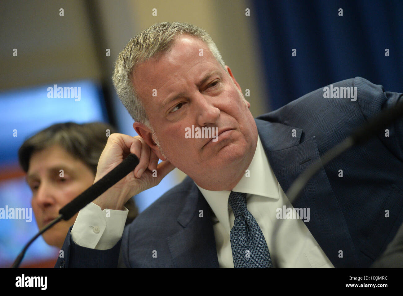 New York, USA. 29th March, 2017. New York City mayor Bill de Blasio announces that by the end of 2017, every person in the Department of Correction’s custody will receive re-entry services to help connect them with jobs and opportunities outside of jail. Credit: Erik Pendzich/Alamy Live News Stock Photo