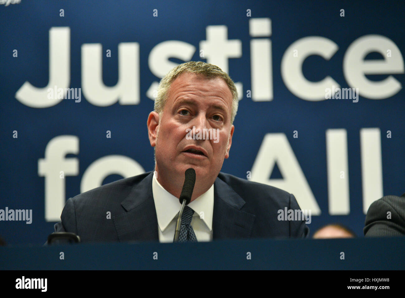 New York, USA. 29th March, 2017. New York City mayor Bill de Blasio announces that by the end of 2017, every person in the Department of Correction’s custody will receive re-entry services to help connect them with jobs and opportunities outside of jail. Credit: Erik Pendzich/Alamy Live News Stock Photo