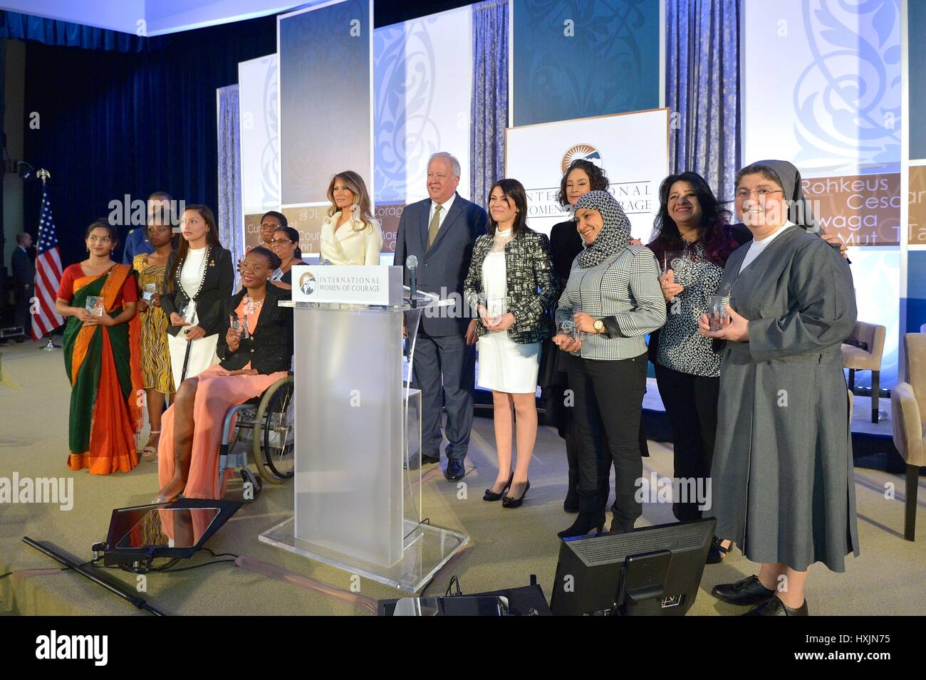 U.S. First Lady Melania Trump and Under Secretary of State for Political Affairs Thomas Shannon pose for a photo with the 2017 Secretary of State International Women of Courage Awardees during a ceremony March 29, 2017 in Washington, DC The 2017 awardees are Sharmin Akter, Activist Against Early/ Forced Marriage, Bangladesh; Malebogo Molefhe, Human Rights Activist, Botswana; Natalia Ponce de Leon, President, Natalia Ponce de Leon Foundation, Colombia; Rebecca Kabugho, Political and Social Activist, Democratic Republic of Congo; Jannat Al Ghezi, Deputy Director of The Organization of Women's Stock Photo
