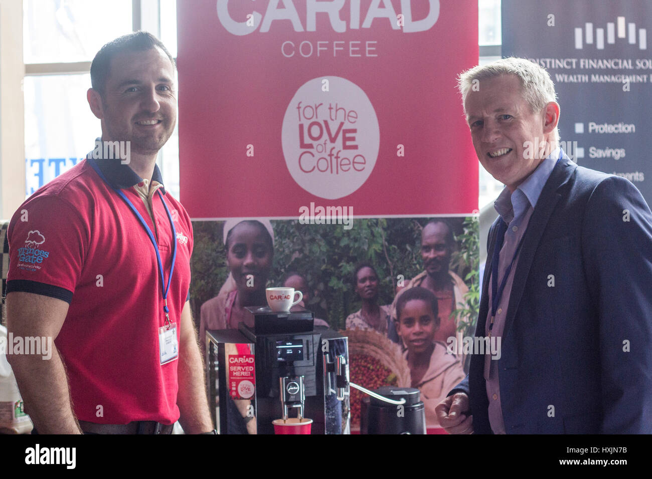 Lee Nicholas and Sam Adams representing Cariad Coffee. Stall holders at the Cardiff Bierkeller Business Expo for local businesses in the city centre. hashtag cariad coffee @Cariad coffe by Ella Geen Stock Photo
