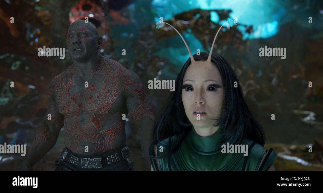 RELEASE DATE: May 5, 2017 TITLE: Guardians Of The Galaxy Vol. 2 STUDIO: Marvel DIRECTOR: James Gunn PLOT: Set to the backdrop of Awesome Mixtape #2, 'Guardians of the Galaxy Vol. 2' continues the team's adventures as they unravel the mystery of Peter Quill's true parentage PICTURED: Dave Bautista as Drax, Pom Klementieff as Mantis. (Credit Image: © Marvel/Entertainment Pictures) Stock Photo