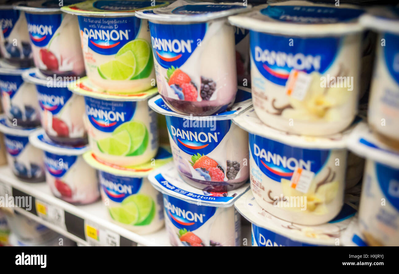 Containers of Dannon yogurt are seen on a supermarket shelf on Thursday