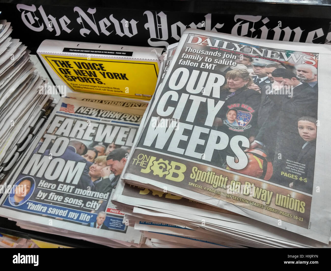 The front pages of New York tabloid newspapers on Sunday, March 26, 2017 report on the previous day's funeral of EMT Yadira Arroyo. The Emergency Medial Technician was killed when she was run over allegedly by Jose Gonzalez as Gonzalez attempted to steal her ambulance. (© Richard B. Levine) Stock Photo