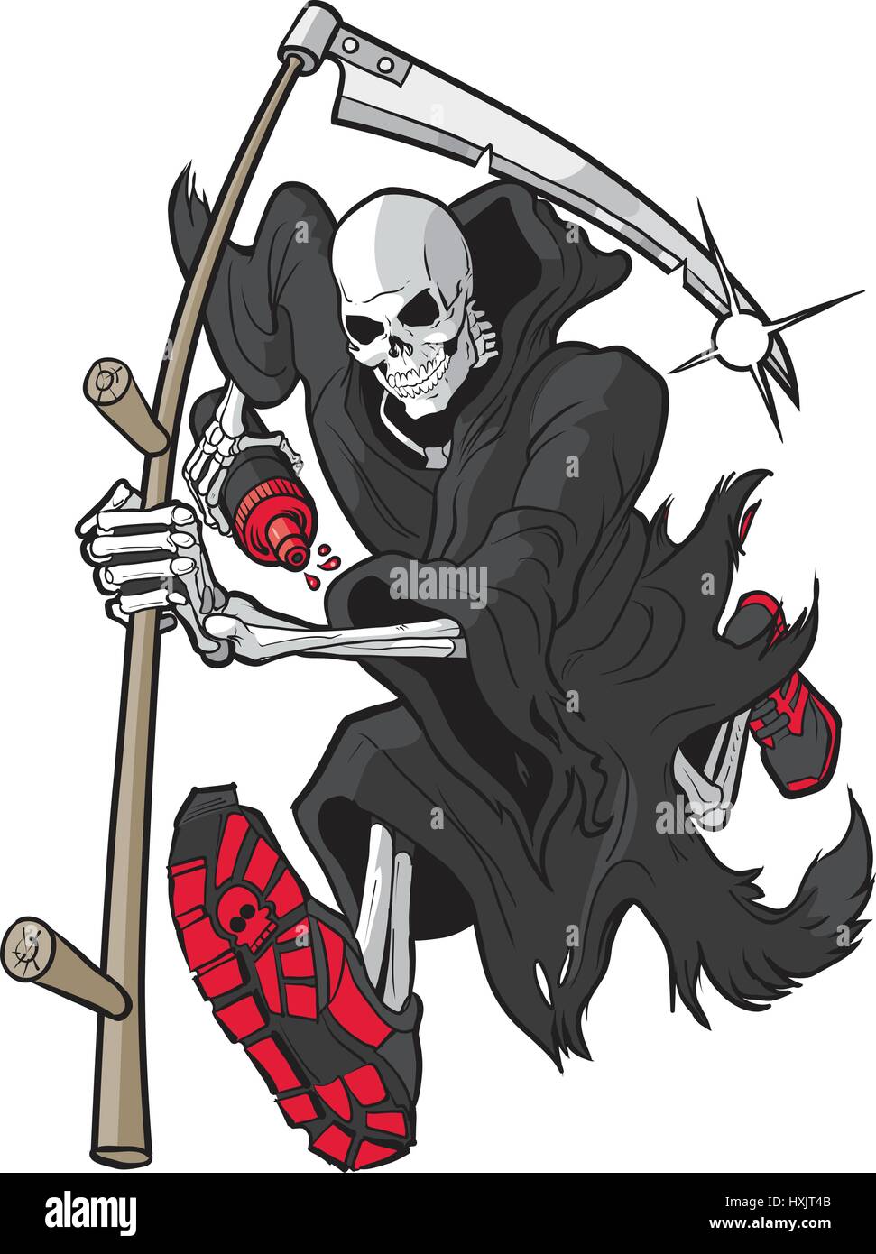 Vector cartoon clip art illustration of a Grim Reaper or Angel of Death running forward toward the viewer with a scythe, athletic shoes and a water bo Stock Vector