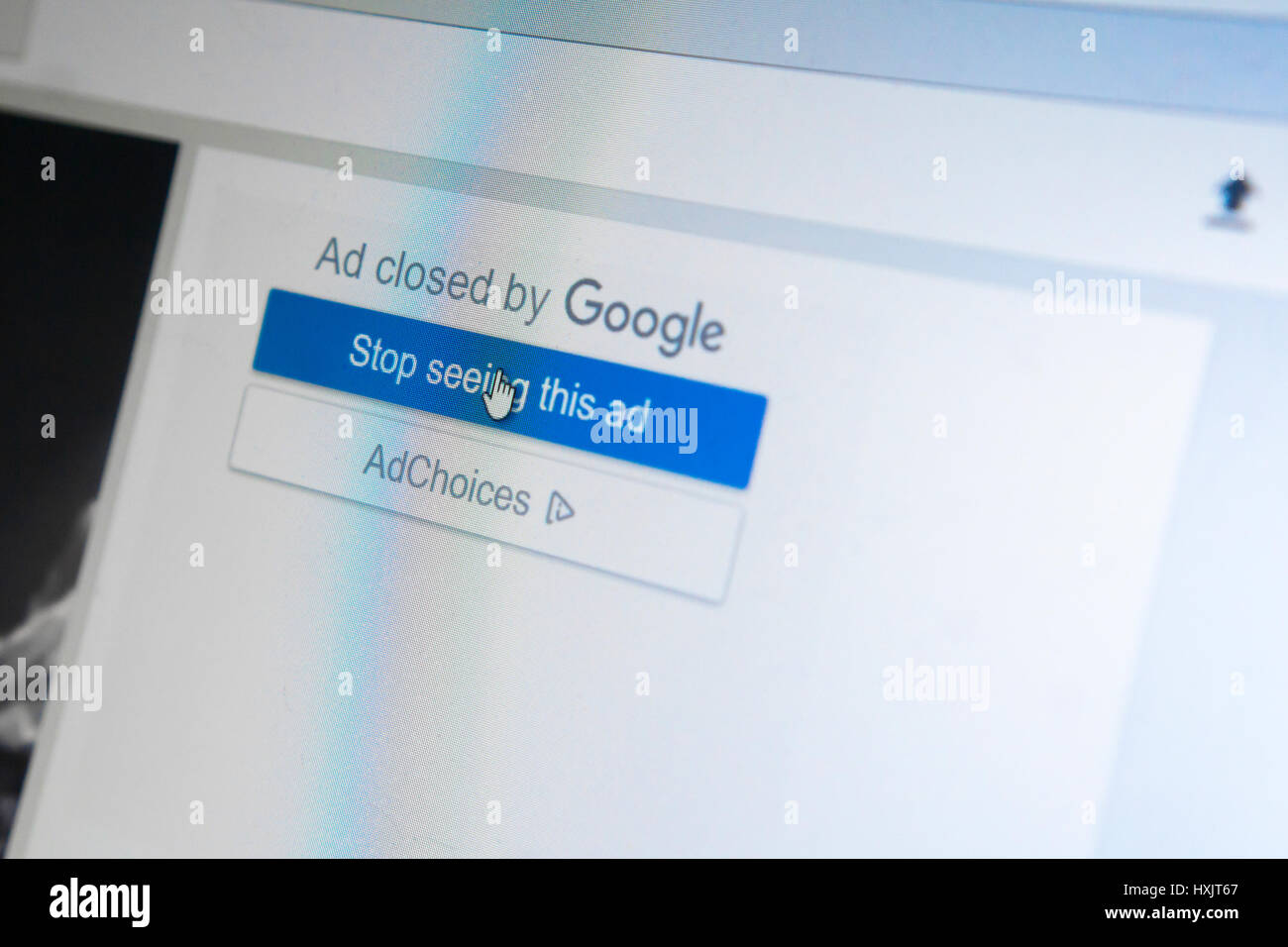 An dialogue box on YouTube after a user closes an advertisement is seen on a computer on Thursday, March 23, 2017. Advertisers such as AT&T and Johnson & Johnson are removing programmatic advertising from YouTube as their ads run alongside offensive material. (© Richard B. Levine) Stock Photo