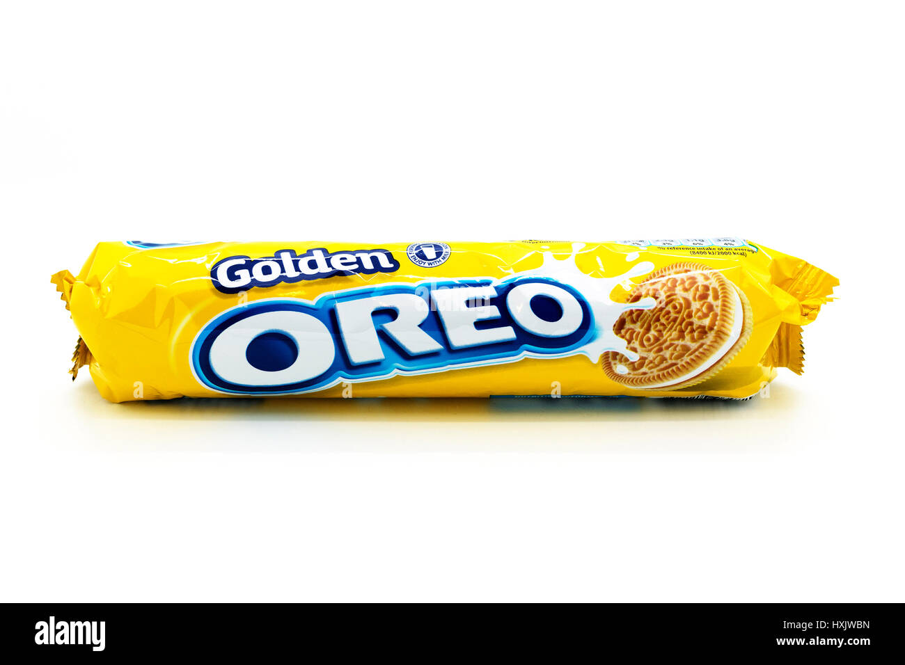 Golden Oreo cookies on white background Stock Photo - Alamy