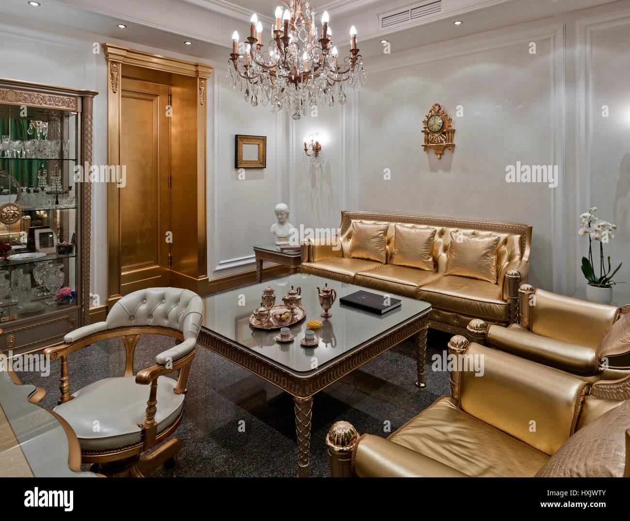 Show-room luxury interior in Moscow in a classic style with a gold furniture Stock Photo