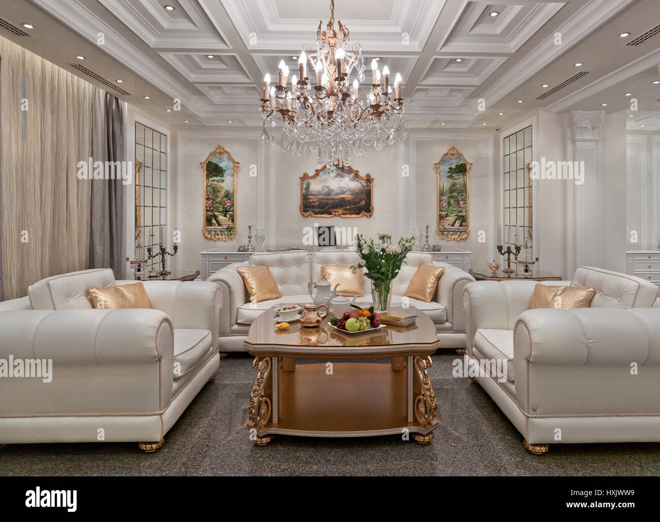 Show-room luxury interior in Moscow in a classic style with a gold furniture Stock Photo