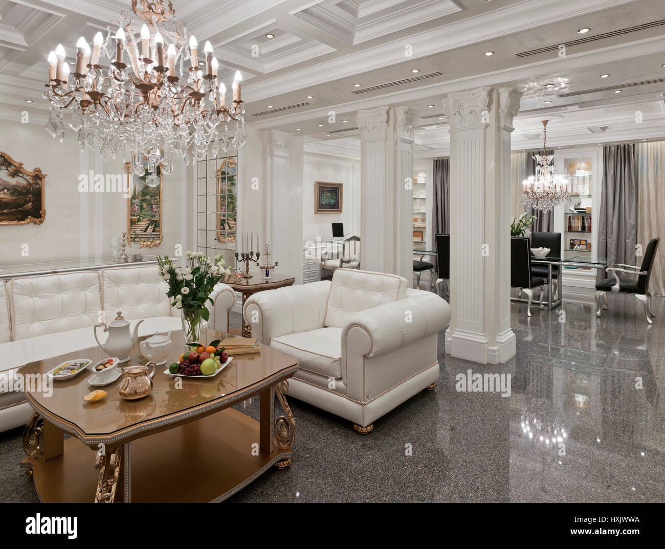 Show-room luxury interior in Moscow in a classic style with a gold furniture Stock Photo