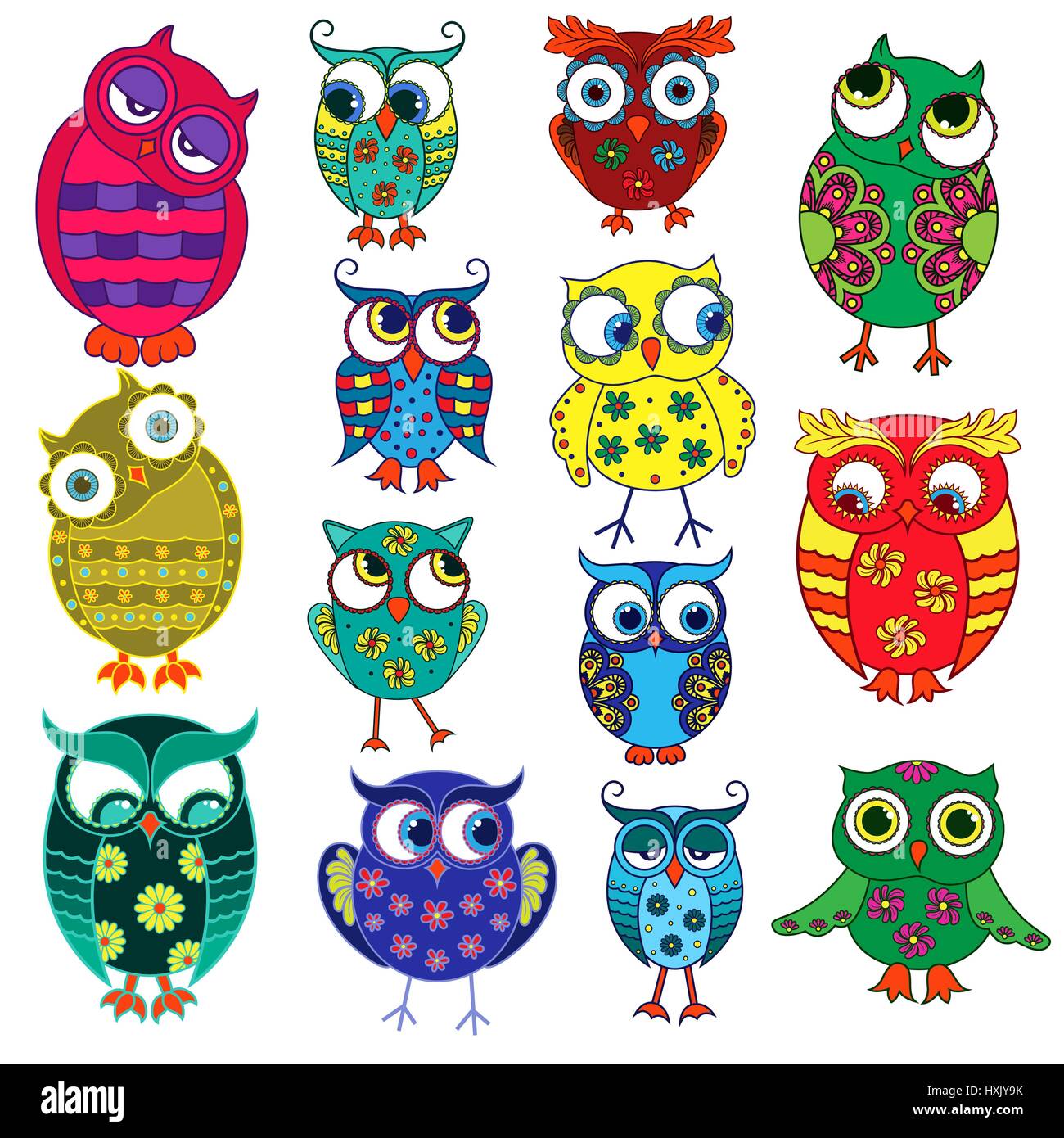 Set of fourteen colourful cartoon ornate funny owls with big eyes isolated on the white background, vector illustration Stock Vector