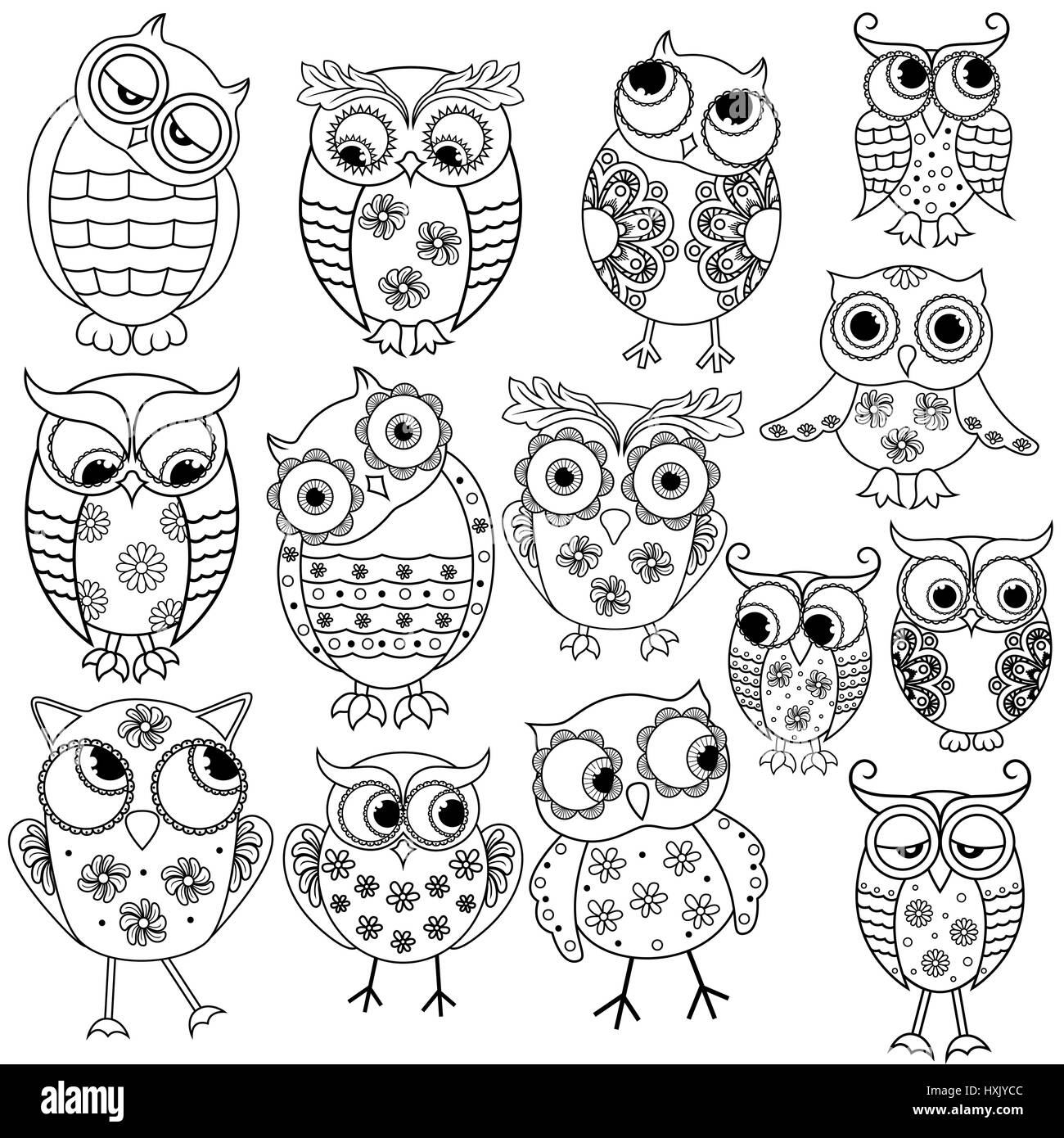 Set of fourteen cartoon ornate amusing owl outlines with big eyes isolated on the white background, vector illustration Stock Vector