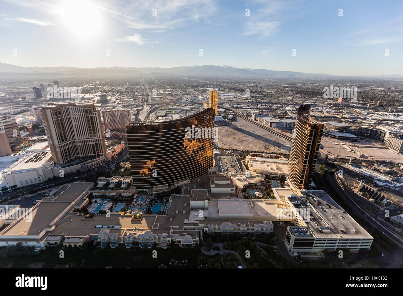 Las Vegas, Nevada, USA - March 13, 2017:  Aerial view of Las Vegas strip casino resort towers in Southern Nevada. Stock Photo